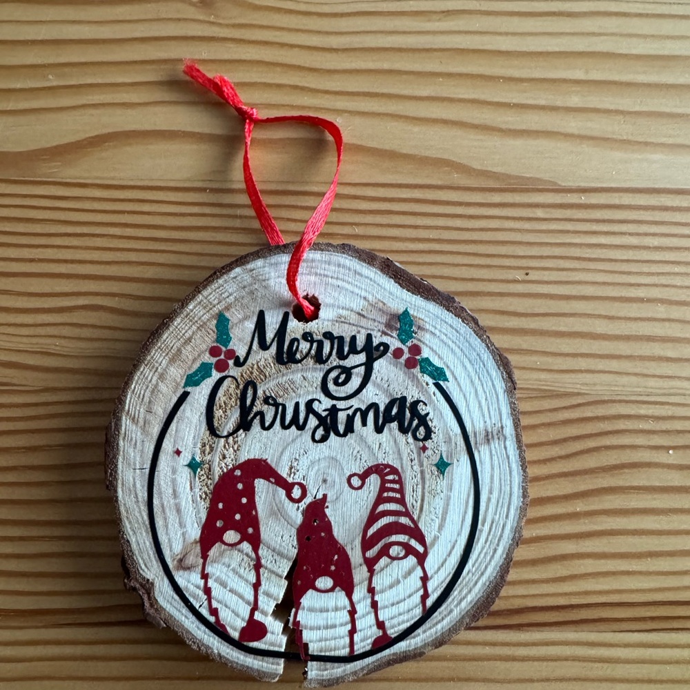 Festive Wooden Christmas Ornament with Red Gnomes